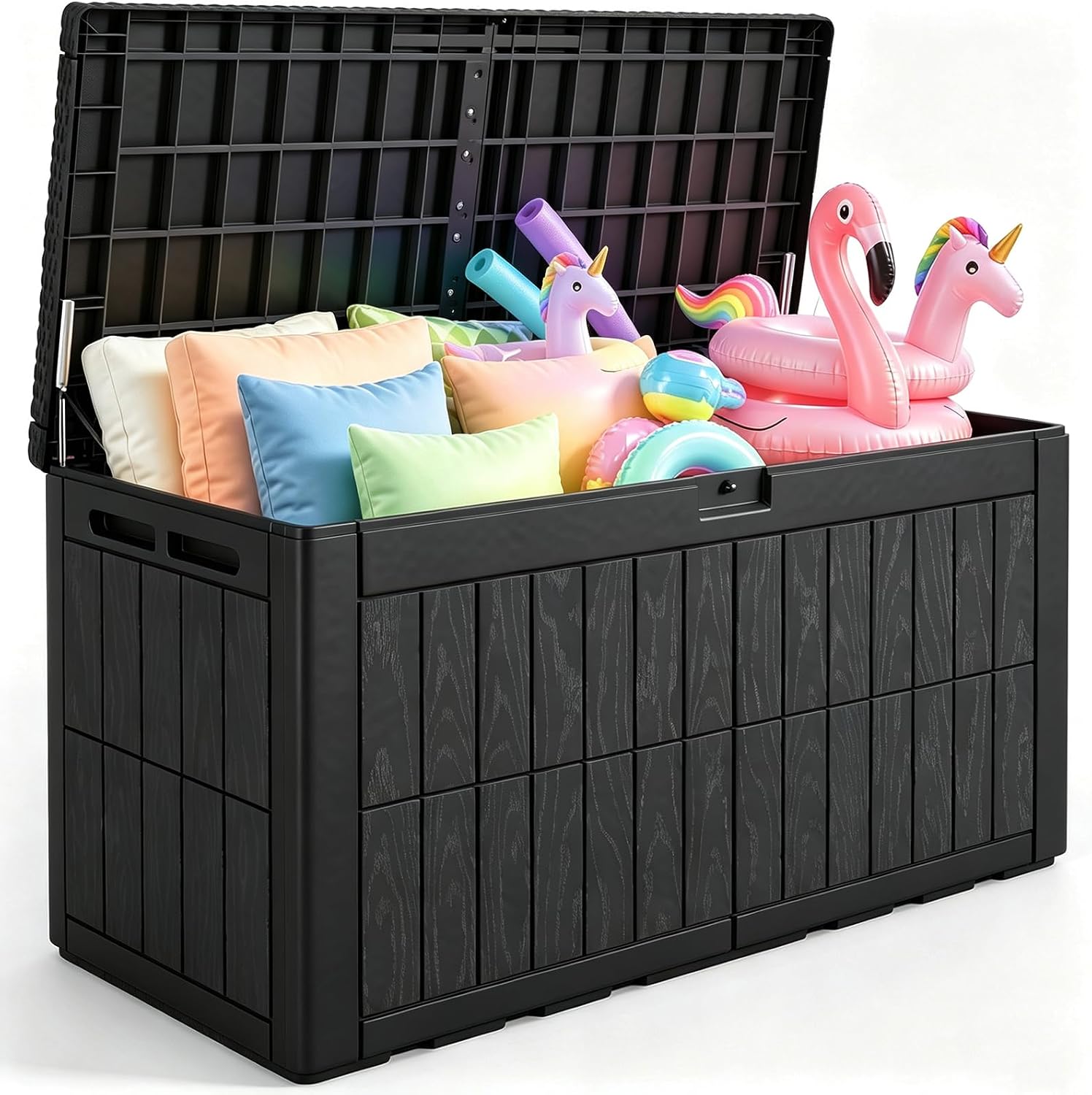 Outdoor Furniture For Pool - กล่องเก็บของกลางแจ้งขนาดใหญ่ 120 แกลลอน พร้อมโครงสร้างเรซินกันน้ำ ฝาปิดล็อคได้ พร้อมเบาะรองนั่ง