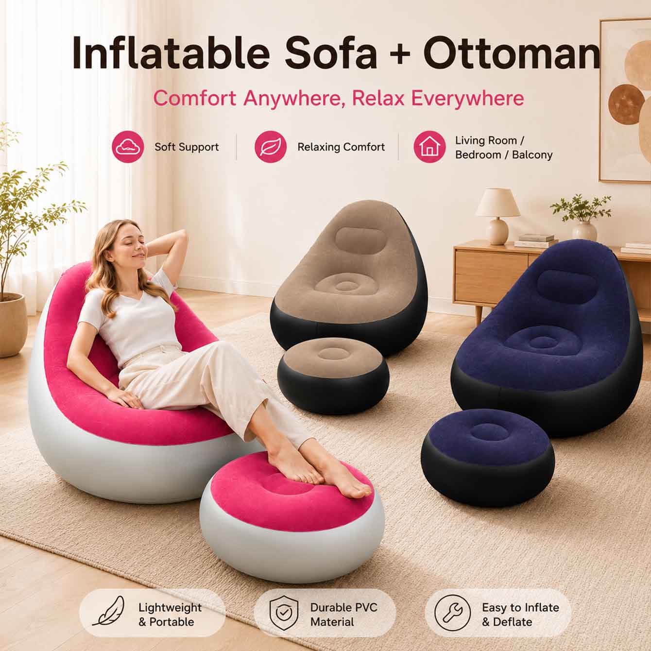 Outdoor Furniture Material - เก้าอี้เป่าลมสำหรับผู้ใหญ่, เก้าอี้เป่าลมแบบพกพาพร้อมออตโตมัน, โซฟาเป่าลมพื้นผิวกำมะหยี่, เก้าอี้เป่าลมกันน้ำ