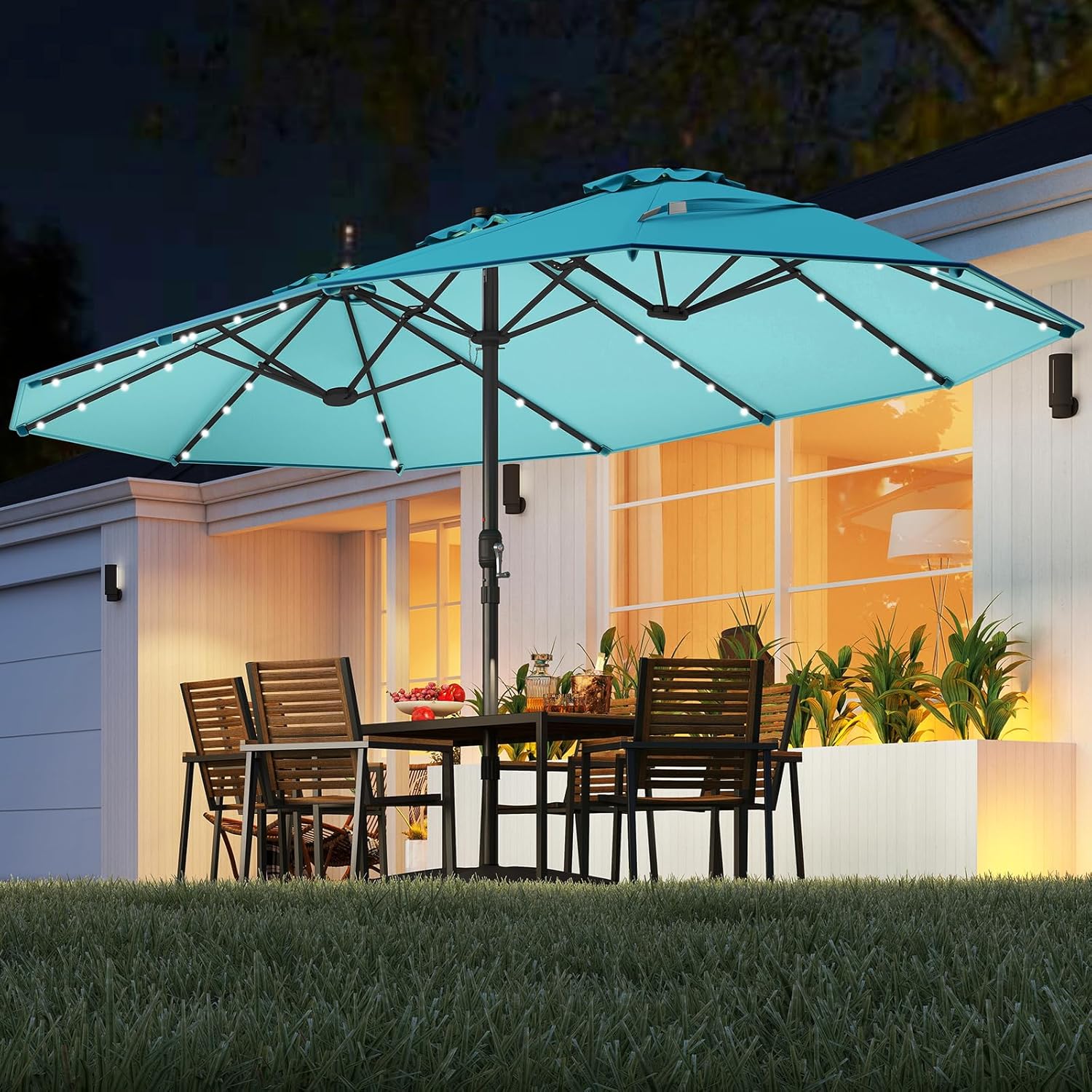 Outdoor Furniture With Umbrella - ร่มสนามพลังงานแสงอาทิตย์แบบสองด้านขนาด 15 ฟุต, ร่มคู่กลางแจ้งขนาดใหญ่พิเศษพร้อมไฟ LED 48
